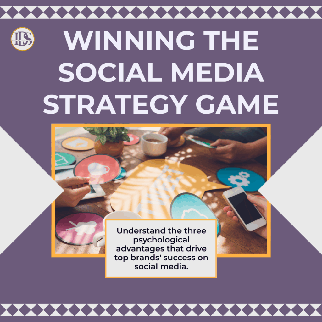 A digital graphic titled 'Winning the Social Media Strategy Game' featuring colorful social media icons on a table, alongside hands holding a smartphone and a coffee cup. The text emphasizes understanding three psychological advantages that contribute to brands' success on social media.
