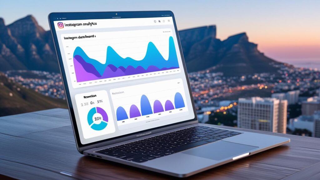 Social media marketing agency Cape Town team analyzing Instagram retention insights dashboard for client campaigns with Table Mountain backdrop